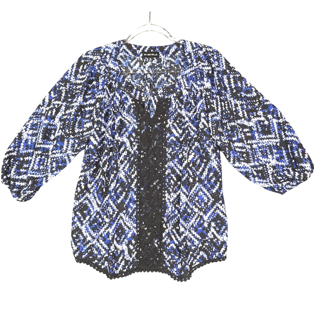 My Michelle Women XL Blue Black Geometric Lace Trim 3/4 Sleeve Blouse Top